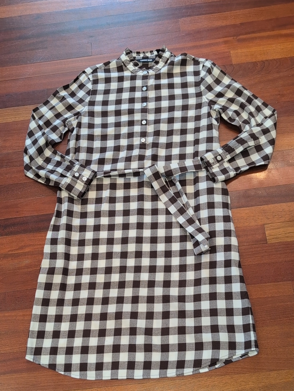 Lands' End Brown & White Plaid Long-Sleeve Shirt Dress High Neck Modest